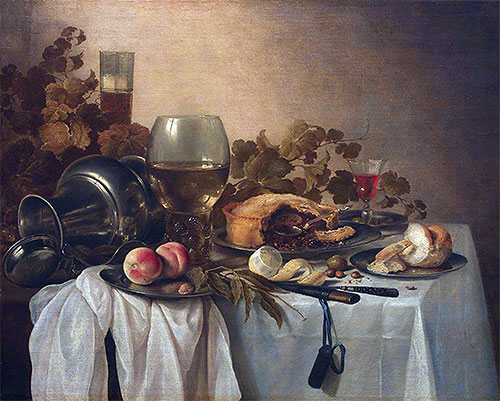Stillleben mit Römer und Pastete, n.d. von Pieter Claesz | Gemälde-Reproduktion