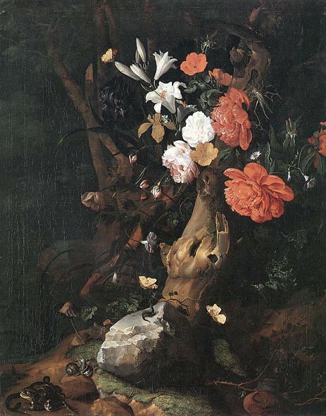 Flowers on a Tree Trunk, c.1690/00 | Rachel Ruysch | Painting Reproduction