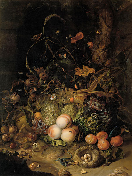 Obst, Blumen, Reptilien und Insekten am Waldrand, 1716 | Rachel Ruysch | Gemälde Reproduktion