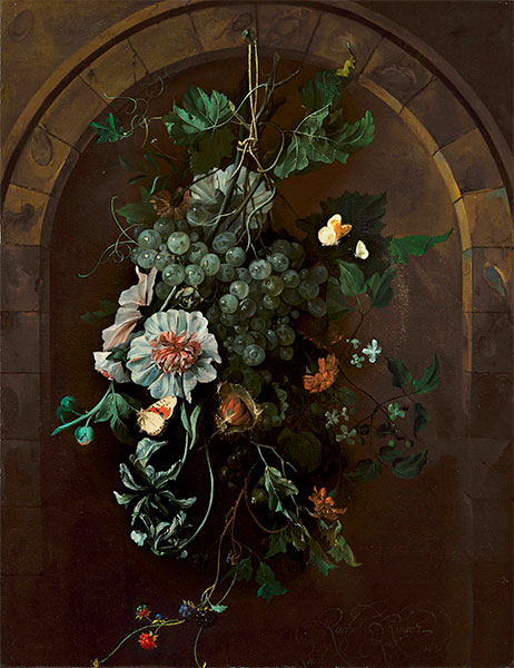 A Swag of Fruit and Flowers Suspended before a ..., 1681 by Rachel Ruysch | Painting Reproduction