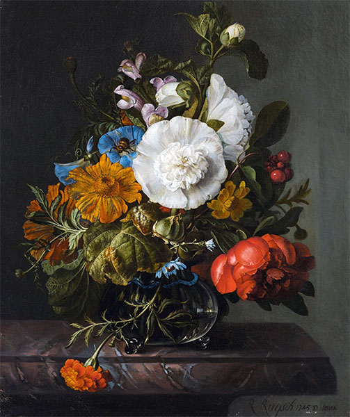 Still Life of Flowers in a Glass Vase on a Marble Ledge, 1745 by Rachel Ruysch | Painting Reproduction