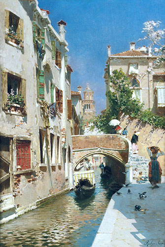 A Woman Carrying Water beside a Venetian Canal | Rubens Santoro | Painting Reproduction