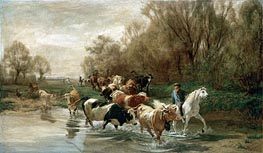 Kuhe mit Reiter am Wasser beim Zurichhorn | Rudolf Koller | Gemälde Reproduktion