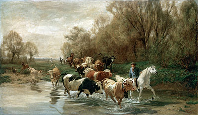 Kuhe mit Reiter am Wasser beim Zurichhorn, 1877 | Rudolf Koller | Gemälde Reproduktion