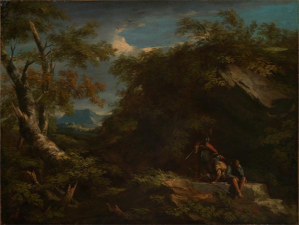 Forest Landscape with Resting Warriors, undated | Salvator Rosa | Painting Reproduction