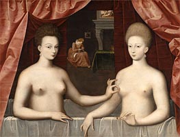 Gabrielle d'Estrees and one of her sisters, the Duchess de Villars, c.1594 by Fontainebleau School | Painting Reproduction