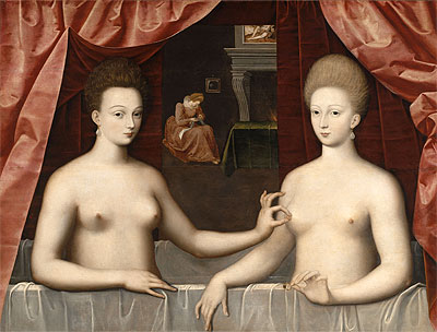 Gabrielle d'Estrees and one of her sisters, the Duchess de Villars, c.1594 | Fontainebleau School | Painting Reproduction