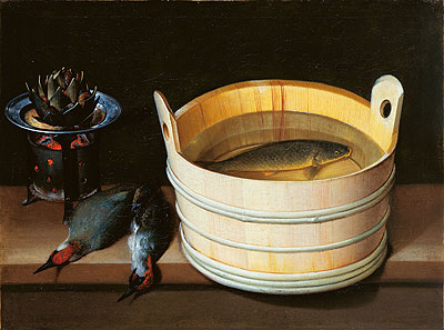 Tub with Carp, Brazier with Artichoke and Green Woodpeckers, n.d. | Sebastian Stoskopff | Painting Reproduction