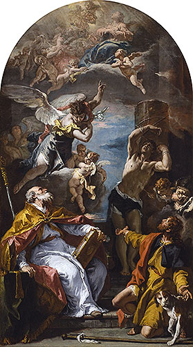 A Glory of the Virgin with the Archangel Gabriel and Saints Eusebius, Roch and Sebastian, c.1724/25 | Sebastiano Ricci | Gemälde Reproduktion