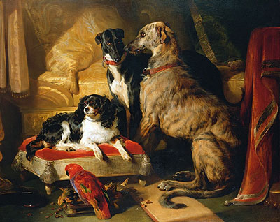 Hector, Nero and Dash with the Parrot Lory, 1838 | Landseer | Painting Reproduction