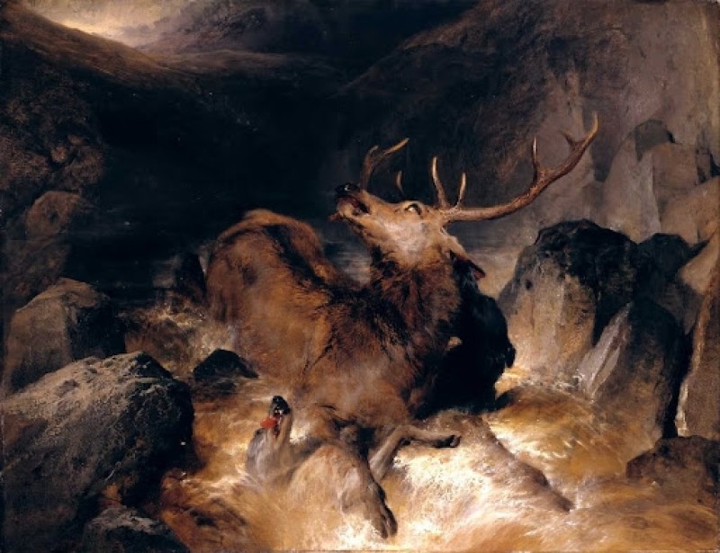 Hirsch und Hirschhunde in einem Gebirgsbach, 1832 | Landseer