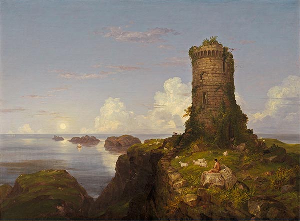 Italienische Küstenszene mit Turmruine, 1838 | Thomas Cole | Gemälde Reproduktion