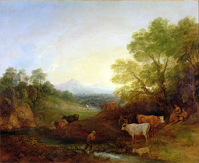 A Landscape with Cattle and Figures by a Stream and a Distant Bridge, c.1772/74 | Gainsborough | Painting Reproduction