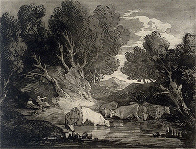Wooded Landscape with Figures and Cows at a Watering Place, c.1776/77 | Gainsborough | Painting Reproduction