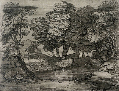 Wooded Landscape with Three Cows at a Pool, Undated | Gainsborough | Painting Reproduction