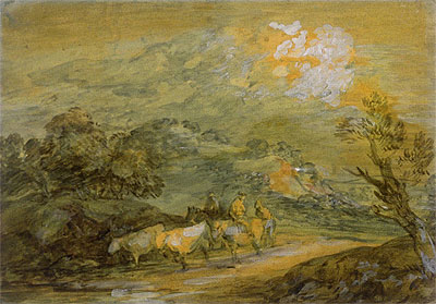 Upland Landscape with Figures, Riders and Cattle, c.1780/90 | Gainsborough | Painting Reproduction