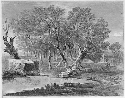 Wooded Landscape with Cows beside a Pool, Figures and Cottage, c.1775/80 | Gainsborough | Gemälde Reproduktion