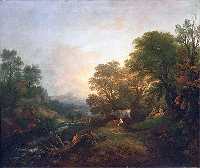 Landscape with Rustic Lovers, Two Cows, and a Man on a Distant Bridge, c.1755/59 | Gainsborough | Gemälde Reproduktion