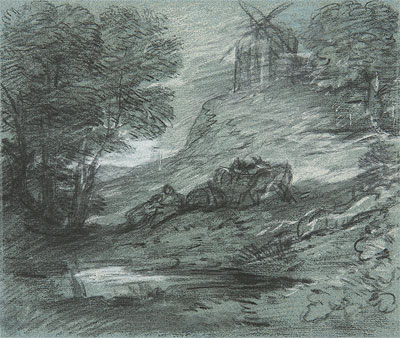 Wooded Landscape with Rustic Lovers, Packhorses and Windmill, n.d. | Gainsborough | Gemälde Reproduktion