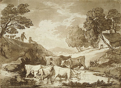 Wooded Landscape with Cows at a Watering Place, Figures and Cottage, c.1785 | Gainsborough | Painting Reproduction