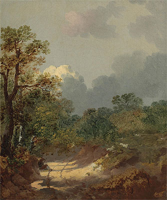 Wooded Landscape with a Shepherd Resting by a Sunlit Track and Scattered Sheep, Undated | Gainsborough | Gemälde Reproduktion
