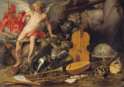 Amor Triumphant among Emblems of Art, Science and War, c.1645/50 | Thomas Willeboirts Bosschaert | Painting Reproduction