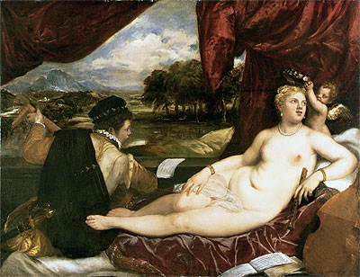 Venus and Cupid with a Lute Player, c.1555/65 | Titian | Gemälde Reproduktion
