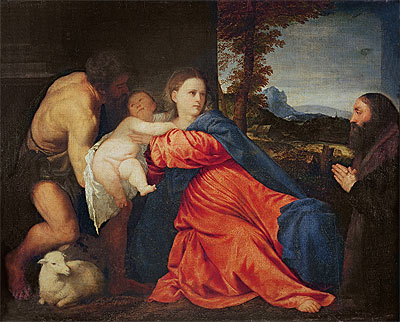 Jungfrau und Kind mit Johannes dem Täufer und Stifter, n.d. von Titian | Gemälde-Reproduktion