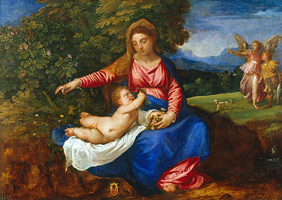 Die Jungfrau mit Kind in Landschaft mit Tobias und dem Engel, c.1535/40 | Titian | Gemälde Reproduktion