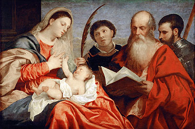 Saint Mary with Child and Saints Stephen, Jerome and Maurice, c.1520 | Titian | Gemälde Reproduktion