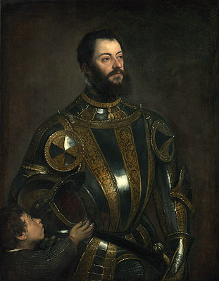 Porträt von Alfonso d'Avalos, Marchese del Vasto, in Rüstung mit einem Pagen | Titian | Gemälde Reproduktion
