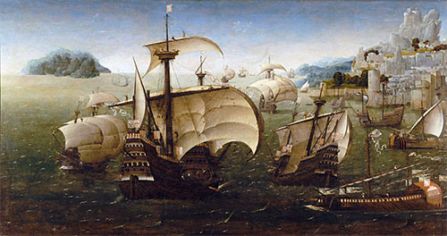 Portuguese Carracks off a Rocky Coast, c.1540 by Unknown Master | Painting Reproduction