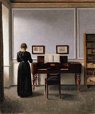 Interieur. Wohnzimmer mit Klavier und Frau in Schwarz gekleidet | Hammershoi | Gemälde Reproduktion