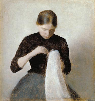 Junges Mädchen nähen, 1887 | Hammershoi | Gemälde Reproduktion