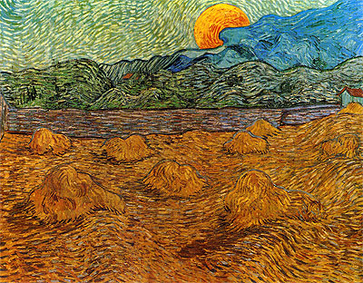 Landscape with Wheat Sheaves and Rising Moon, 1889 | Vincent van Gogh | Painting Reproduction