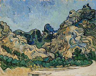 Mountains at Saint-Remy with Dark Cottage, 1889 | Vincent van Gogh | Painting Reproduction