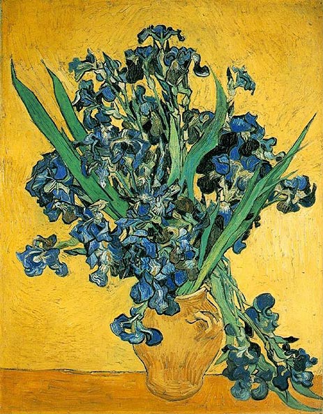 Vase mit Schwertlilien vor gelbem Hintergrund, 1890 | Vincent van Gogh | Gemälde Reproduktion