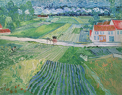 Landschaft mit Kutsche und Zug im Hintergrund, 1890 von Vincent van Gogh | Gemälde-Reproduktion