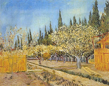 Orchard in Blossom, Bordered by Cypresses, 1888 | Vincent van Gogh | Painting Reproduction