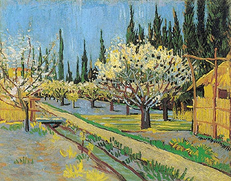 Orchard in Blossom, Bordered by Cypresses, 1888 | Vincent van Gogh | Painting Reproduction