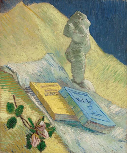 Gipsstatuette, eine Rose und zwei Romane, 1887 von Vincent van Gogh | Gemälde-Reproduktion