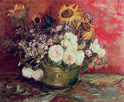 Schale mit Sonnenblumen, Rosen und anderen Blumen, 1886 von Vincent van Gogh | Gemälde-Reproduktion