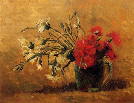 Vase mit roten und weißen Nelken auf gelbem Hintergrund, 1886 | Vincent van Gogh | Gemälde Reproduktion