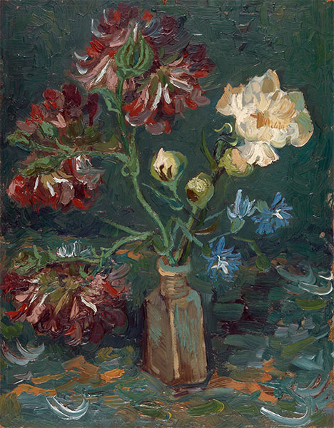 Small Bottle with Peonies and Blue Delphiniums, 1886 | Vincent van Gogh | Painting Reproduction