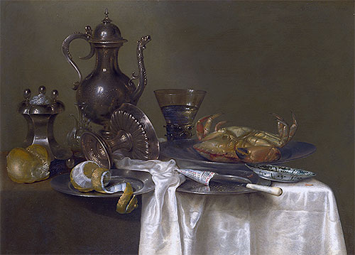 Still Life: Pewter and Silver Vessels and a Crab, c.1633/37 | Claesz Heda | Painting Reproduction