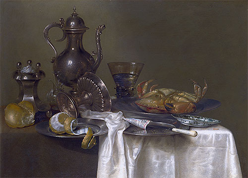 Still Life: Pewter and Silver Vessels and a Crab, c.1633/37 by Claesz Heda | Painting Reproduction
