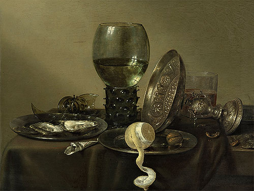Still Life with Oysters, a Rummer, a Lemon and a Silver Bowl, 1634 | Claesz Heda | Gemälde Reproduktion