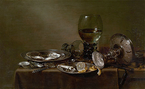 Stillleben mit Austern, einer Silbertazza und Glaswaren, 1635 von Claesz Heda | Gemälde-Reproduktion