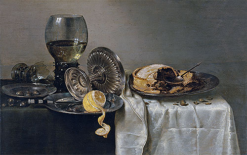 Stillleben mit Fruchtkuchen und verschiedenen Objekten, 1634 | Claesz Heda