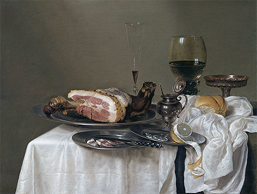 A Still Life with a Roemer, Silver Tazza and Ham, 1642 | Claesz Heda | Gemälde Reproduktion